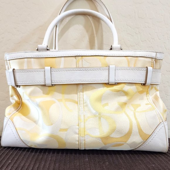 Coach Hampton Optic Signature Stripe Yellow White Double Handle Purse Bag - Picture 4 of 16